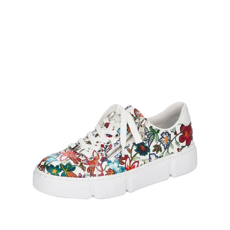 Rieker N59L1-90 Ladies White Flowers Zip & Lace Trainers