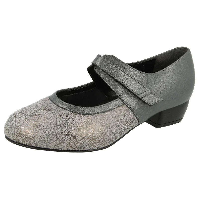 DB Shoes Constance 54100S Ladies Pewter Leather & Textile Touch Fastening Heels