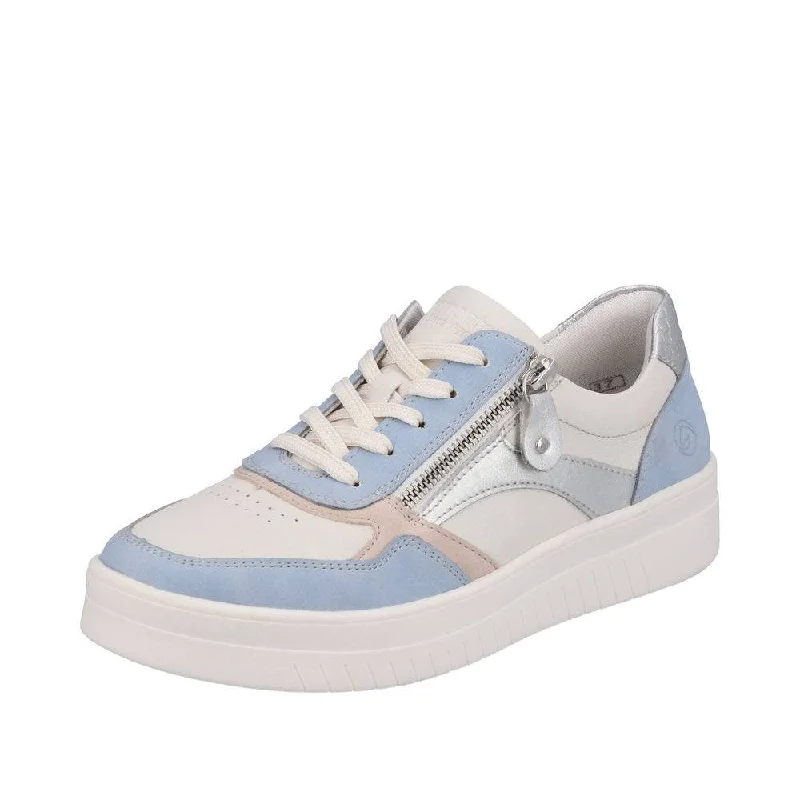 Remonte D0J01-82 Ladies White And Light Blue Leather & Textile Zip & Lace Trainers