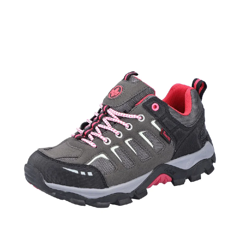 Rieker N8820-43 Ladies Grey And Pink Water Resistant Lace Up Shoes