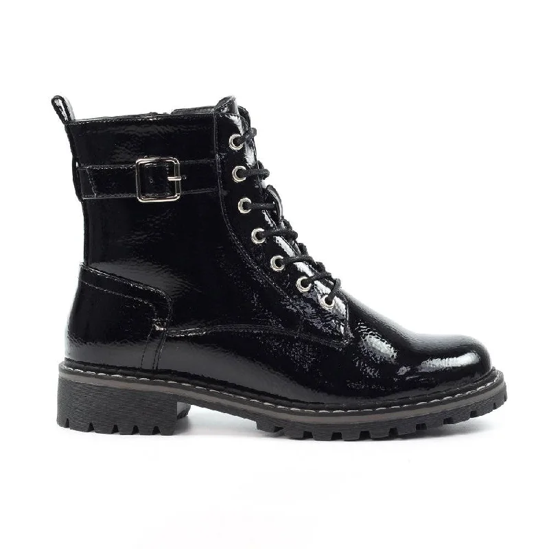 Ankle boots for playgrounds-Lunar GLW030 Parlour Ladies Black Patent Zip & Lace Ankle Boots