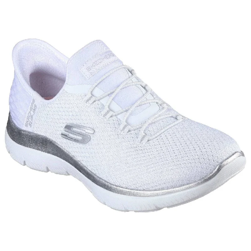 Skechers 150123 Summits-Diamond Dream Slip Ins Ladies White Silver Textile Vegan Slip On Trainers