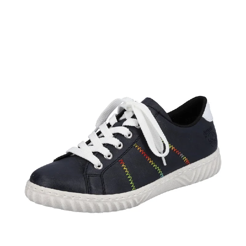 Rieker N0910-14 Ladies Navy Blue Leather & Textile Lace Trainers