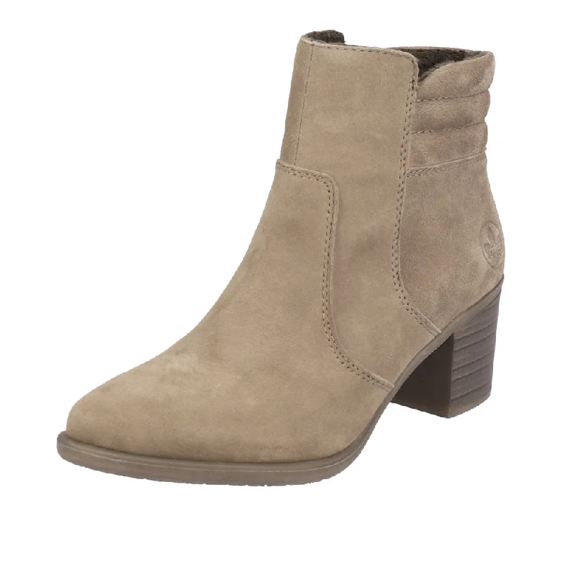 Ankle boots for trains-Rieker Y2058-24 Ladies Taupe Suede Side Zip Ankle Boots