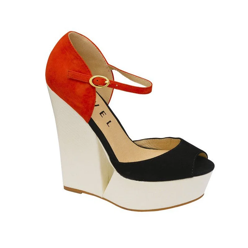 Size 6 Only - Ravel Lagoon Black & Orange Suede Wedges