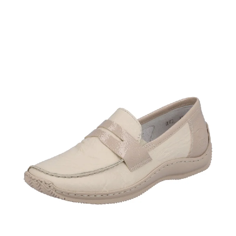 Rieker L1752-60 Ladies Beige Leather & Textile Slip On Shoes