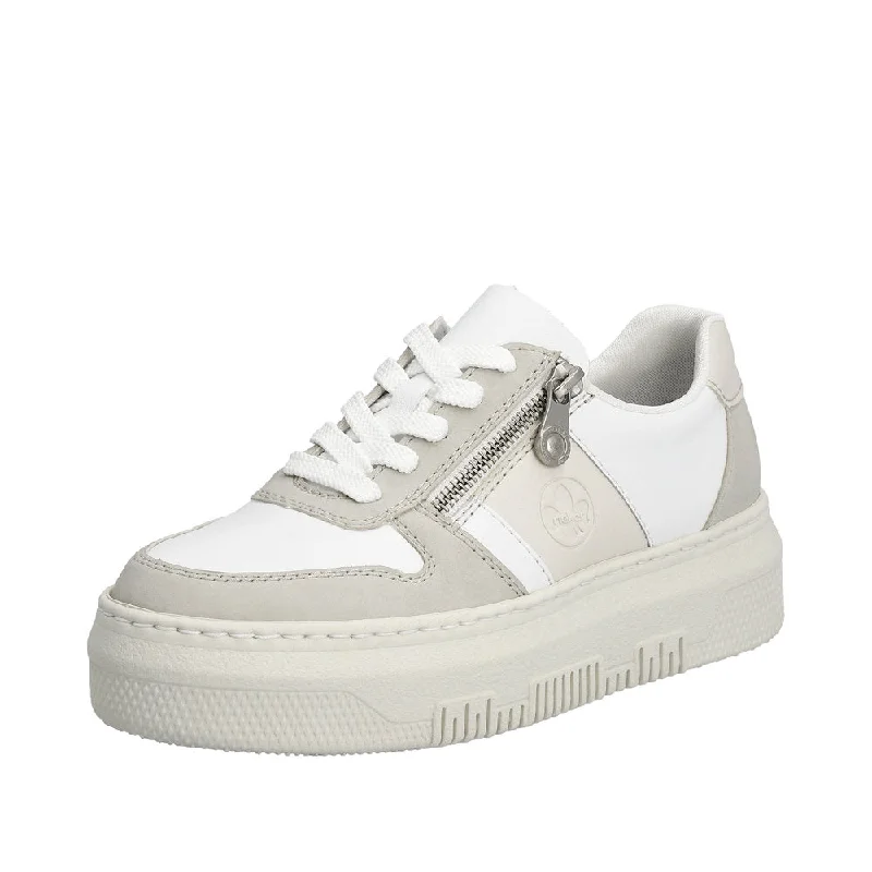 Rieker M1909-80 Enya Ladies White/Grey Leather & Zip & Lace Trainers