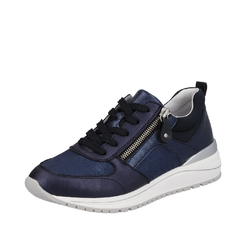 Remonte R3702-14 Ladies Navy Blue Leather & Textile Zip & Lace Trainers