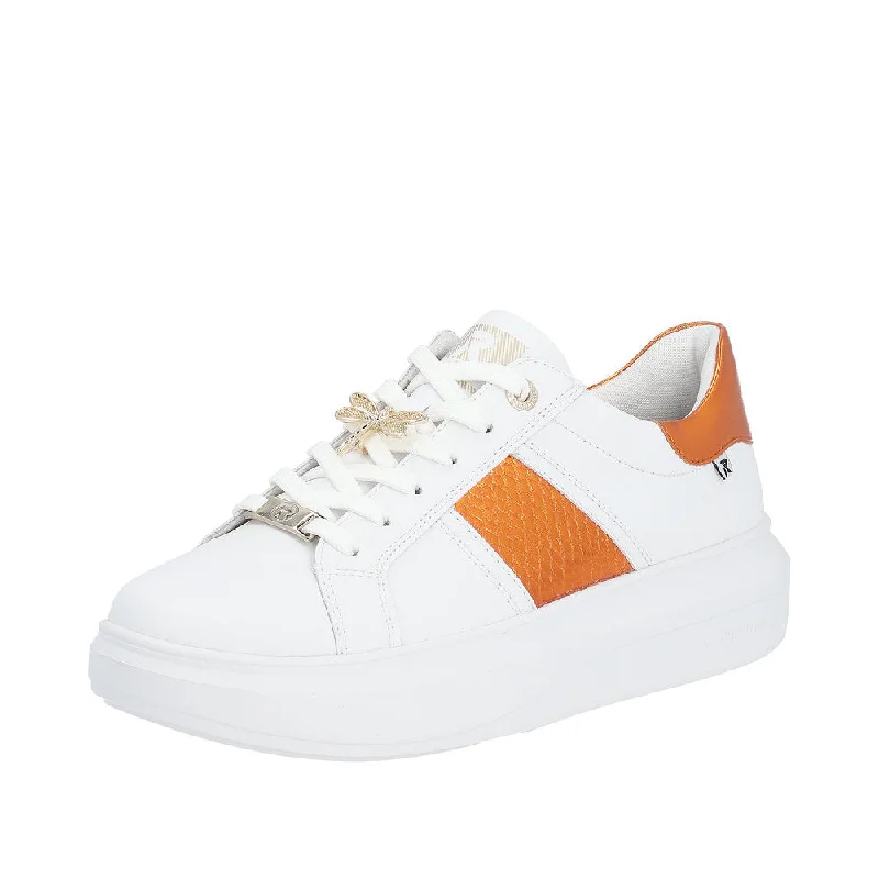 Rieker W1202-80 Adelia Ladies White & Orange Leather Lace Up Trainers