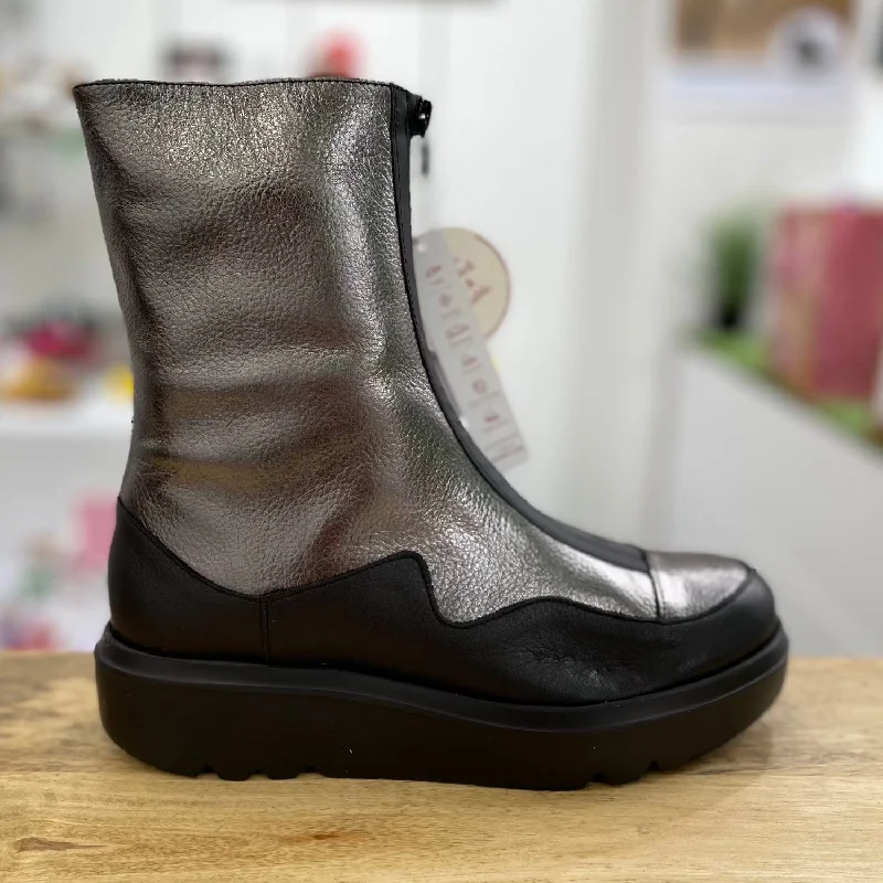 Ankle boots for kids-Wonders A-2822 Ladies Spanish Silver Leather Front Zip Ankle Boots