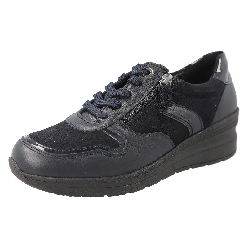 DB Shoes Fleet 2V Ladies Wide Navy Leather Zip & Lace Trainers