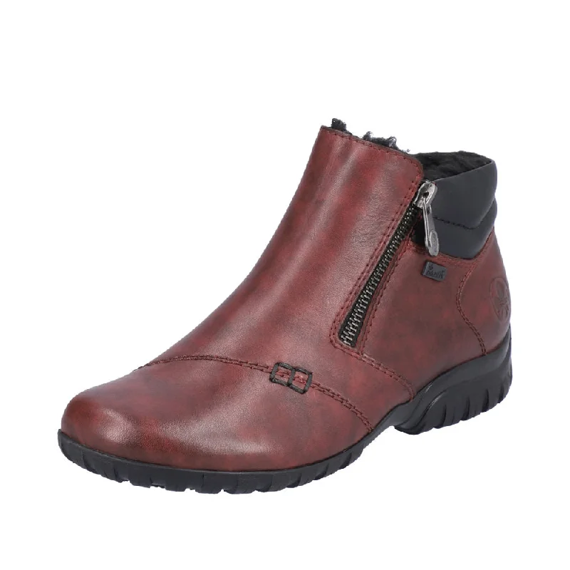 Ankle boots for mild temps-Rieker L4655-35 Ladies Wide Red Leather Water Resistant Side Zip Ankle Boots