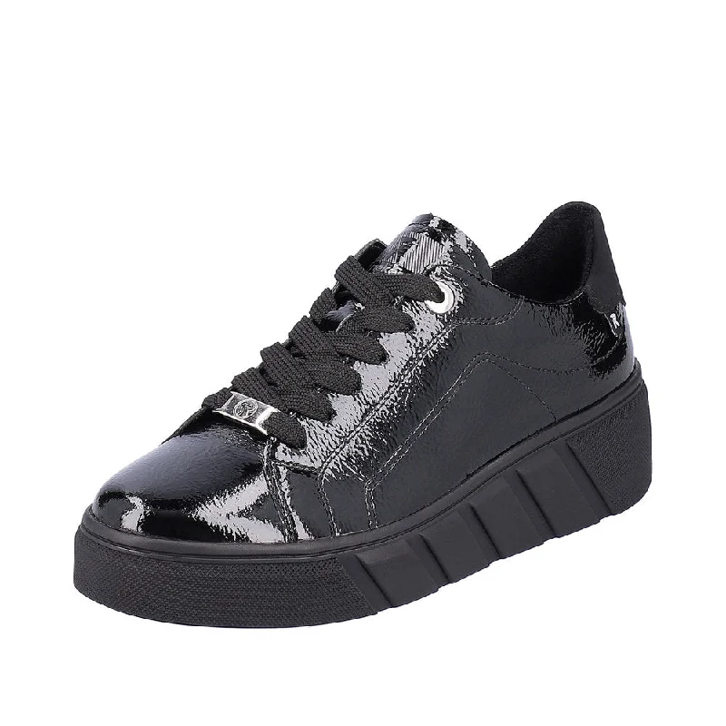 Rieker W0501-00 Ladies Black Patent Leather Lace Up Trainers