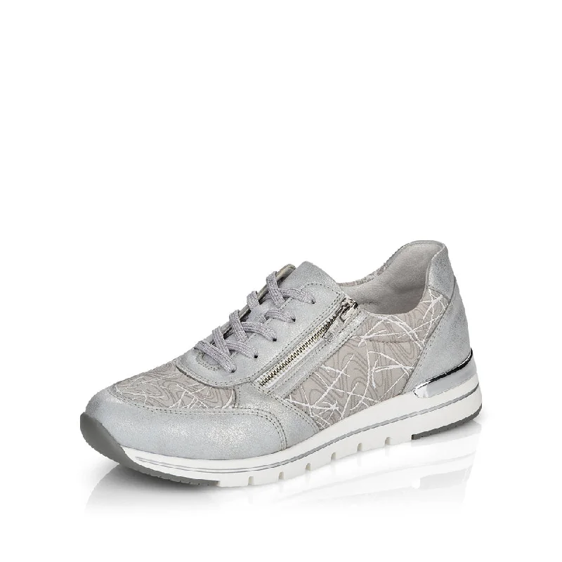 Remonte R6700-40 Ladies White And Silver Textile Zip & Lace Trainers