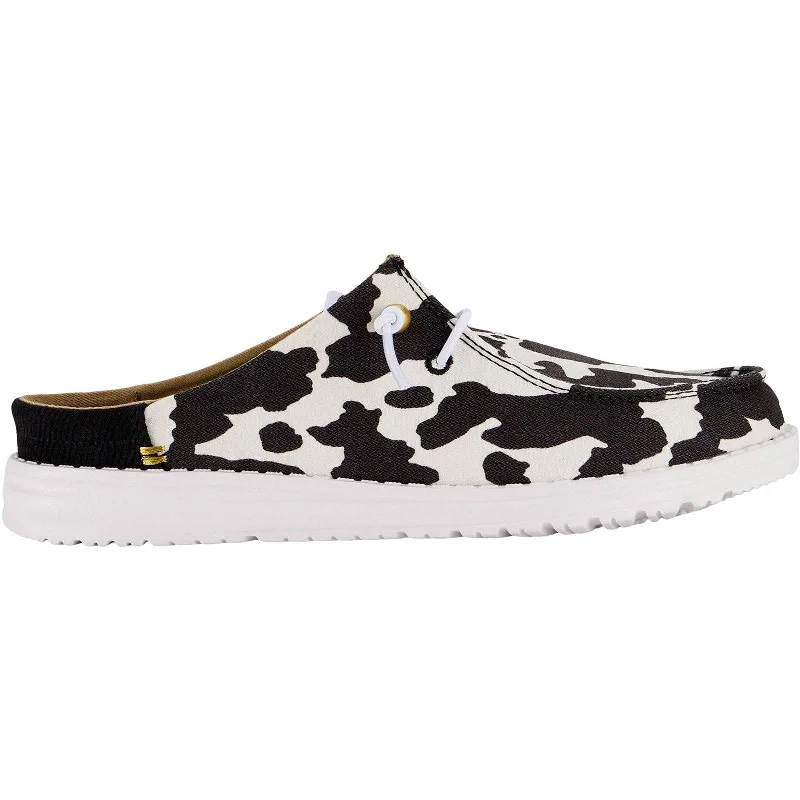 Dude Wendy Slip Classic Ladies White/Black Cow Print Textile Slip On Mules