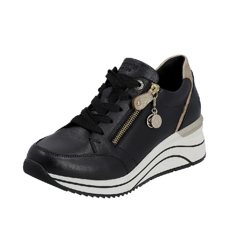 Remonte D0T03-01 Ladies Black & Gold Leather Zip & Lace Trainers