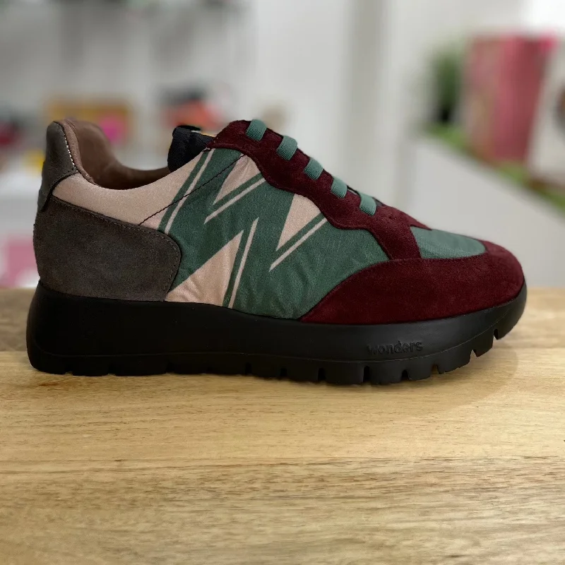 Wonders A-2452-T Ladies Spanish Wine Red & Green Leather & Textile Elasticated Trainers