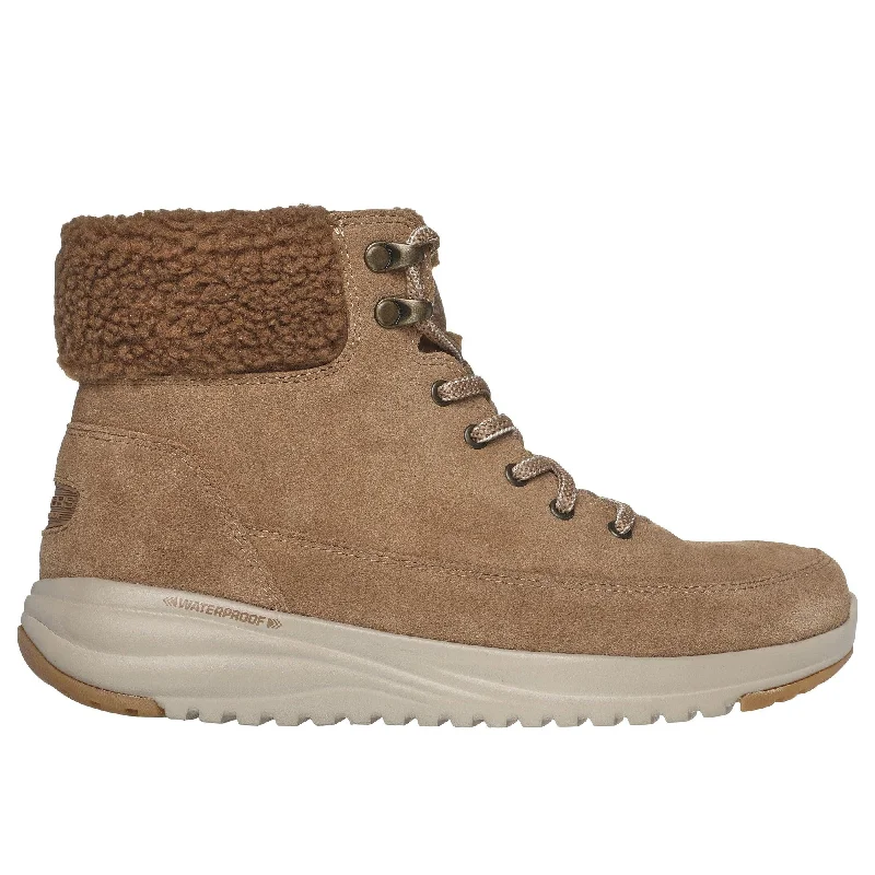 Ankle boots for teens-Skechers 144770 On The Go Stellar Winterize Ladies Brown Leather & Textile Waterproof Lace Up Ankle Boots