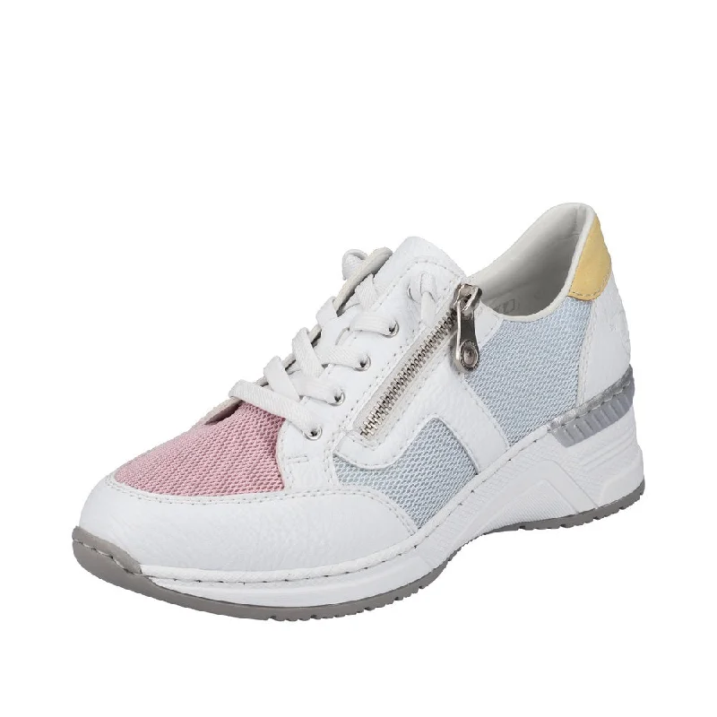 Rieker N4359-90 Ladies White Multi Textile Zip & Lace Trainers