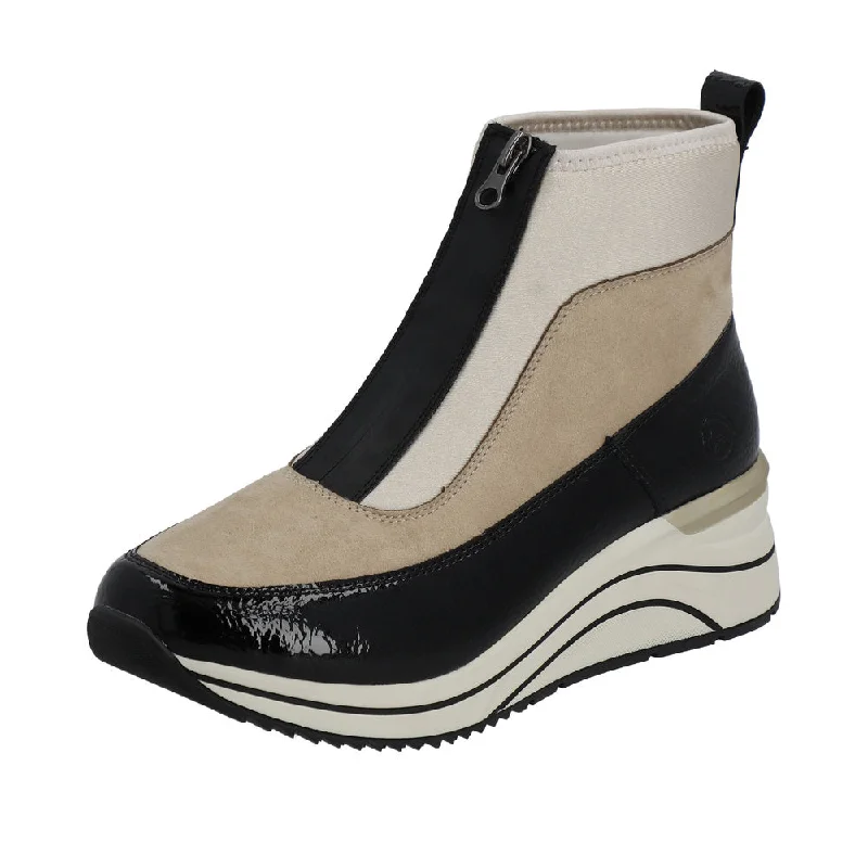 Ankle boots for flights-Remonte D0T71-60 Ladies Black & Cream Front Zip Ankle Boots