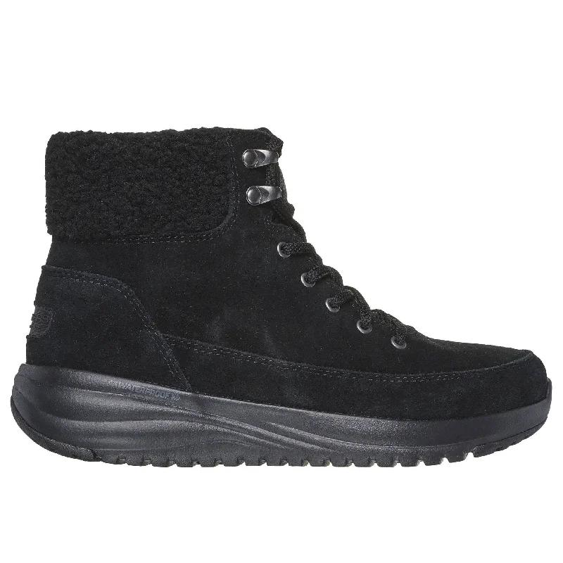 Ankle boots genuine leather-Skechers 144770 On The Go Stellar Winterize Ladies Black Leather & Textile Waterproof Lace Up Ankle Boots