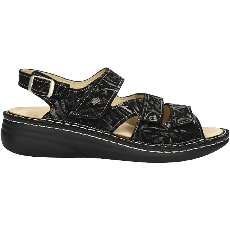 Sandals with stripe pattern-Women's Finn Comfort Praia Finn Mellow Black Delizia Leather