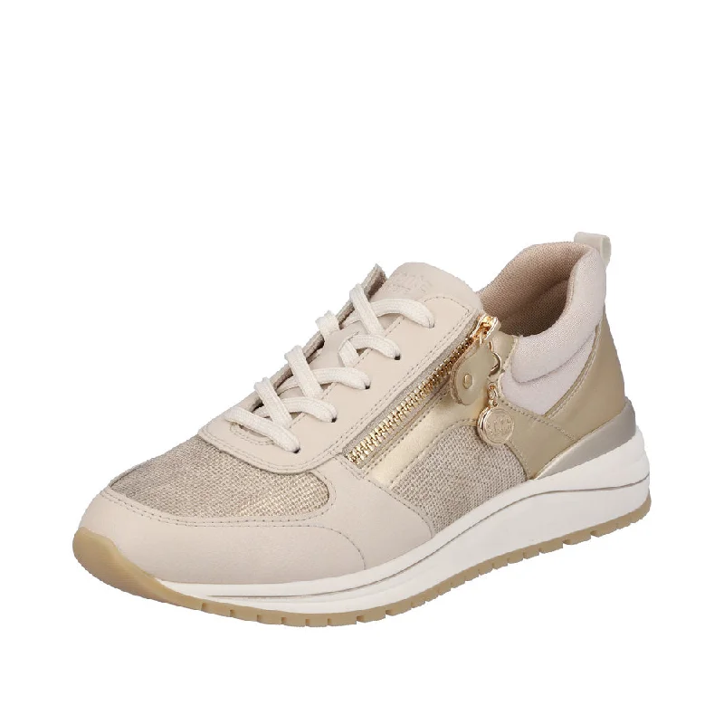 Remonte R3702-60 Ladies Beige & Gold Leather & Textile Zip & Lace Trainers