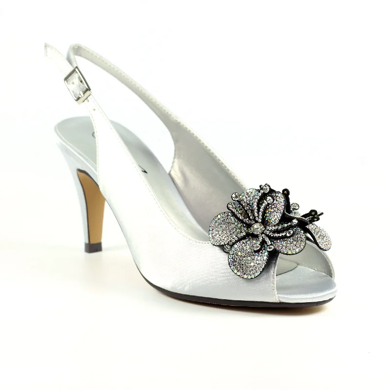 Lunar Ankara FLR039 Ladies Silver Grey Textile Sling Back Heels