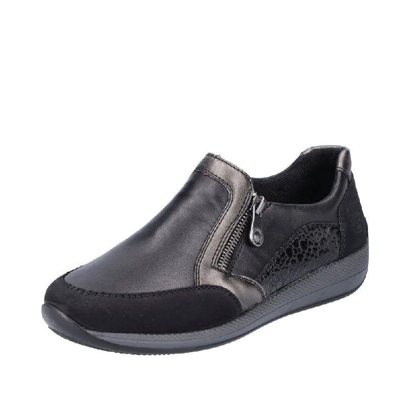 Rieker N1151-00 Ladies Black Leather & Textile Side Zip Shoes