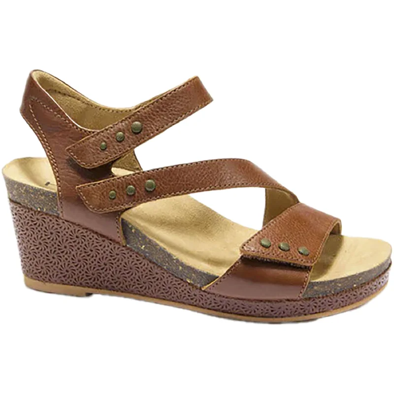 Sandals with firm sole-Women's Halsa Giselle Cognac Leather with Embossed Wedge