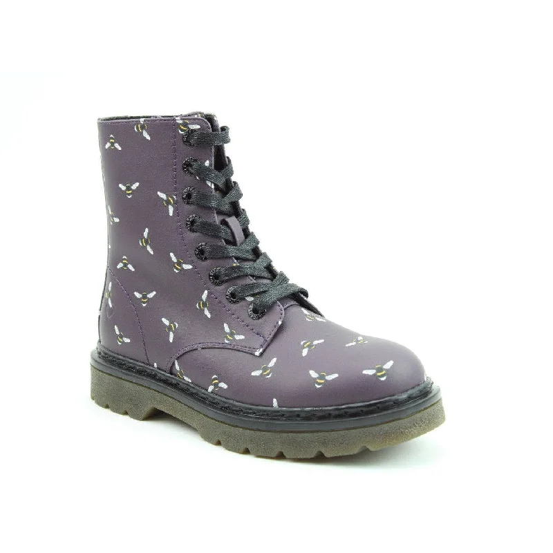 Ankle boots for solo wear-Heavenly Feet Justina 2 New Bee Print Ladies Purple Vegan Zip & Lace Ankle Boots