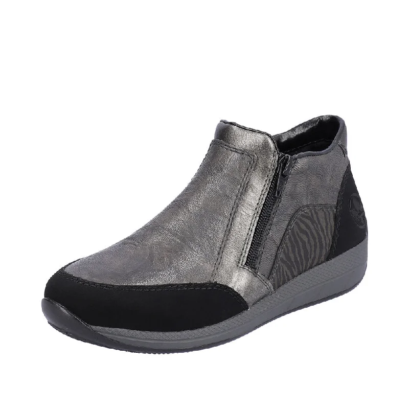 Ankle boots for windy days-Rieker N1152-42 Ladies Wide Grey Combi Twin Zip Ankle Boots