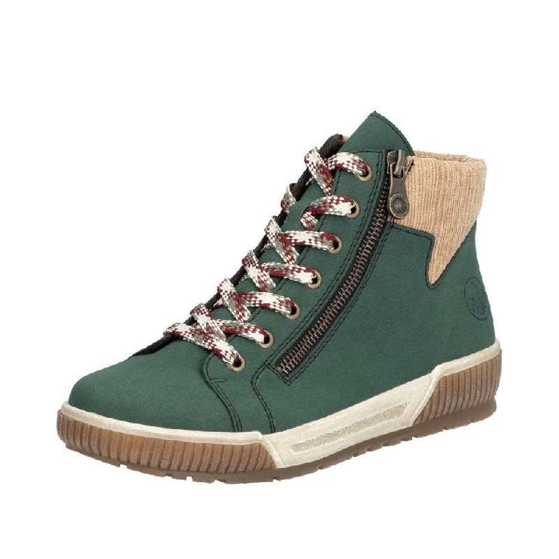 Ankle boots for hot weather-Rieker N0709-54 Ladies Wide Bottle Green Zip & Lace Ankle Boots