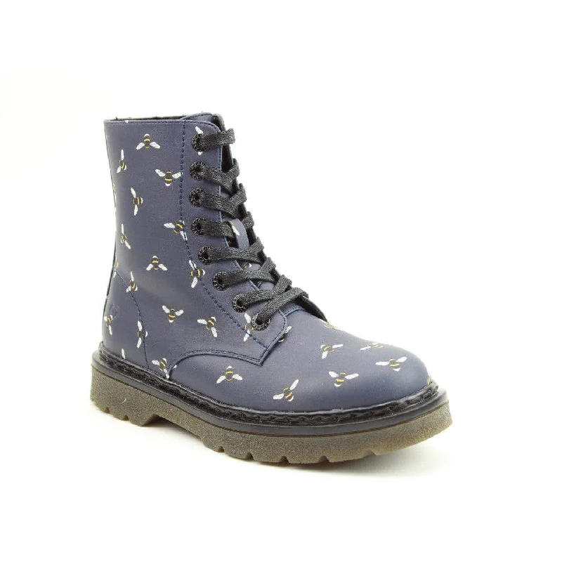 Ankle boots for pet owners-Heavenly Feet Justina 2 New Bee Print Ladies Midnight Navy Vegan Zip & Lace Ankle Boots